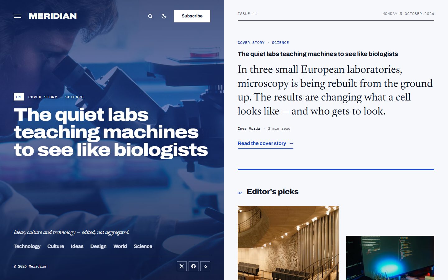 Cobalt homepage: the live panel on the left, the magazine on the right